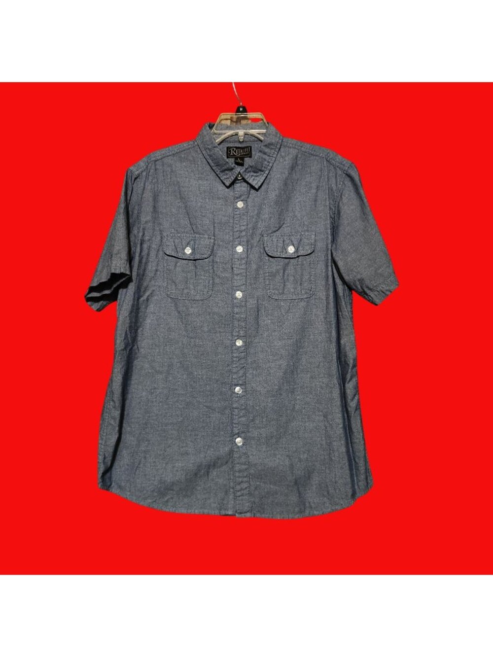 Short Sleeve Denim Blue Wing Tip Collar Full Button Up Shirt Size L
